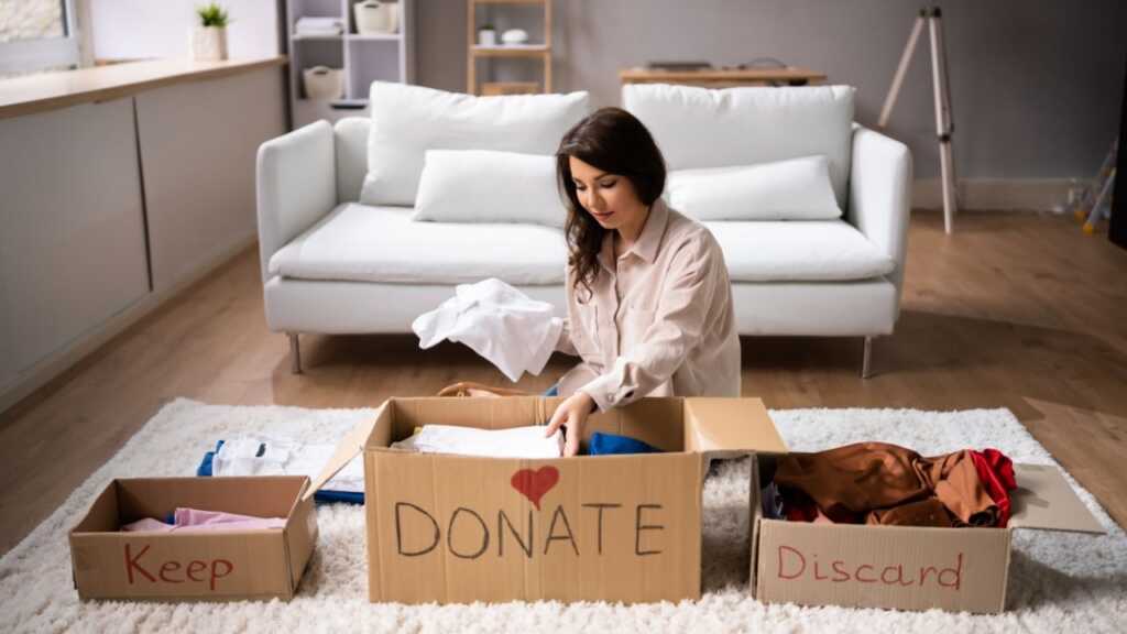 Scatole etichettate per donazioni, vendite e riciclaggio durante il decluttering Scatole etichettate per donazioni, vendite e riciclaggio durante il decluttering